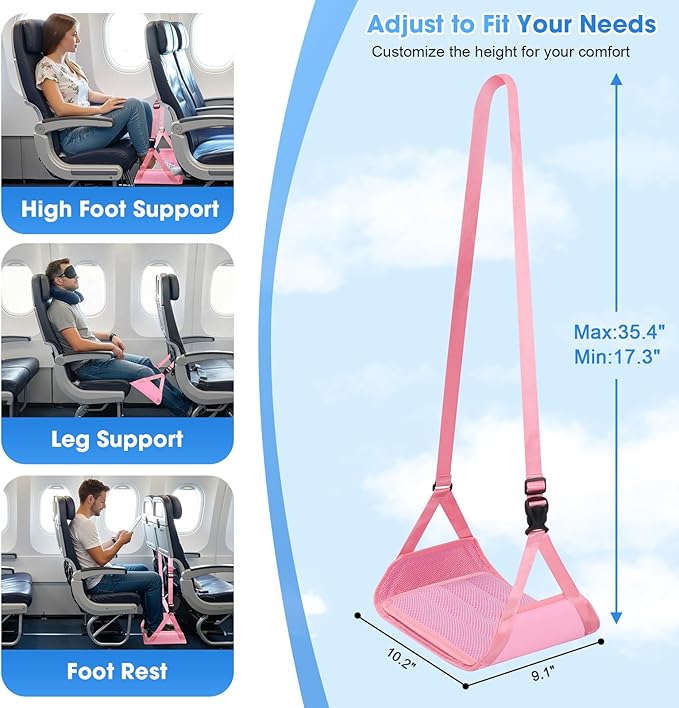 2 Pack Airplane Foot Rest - Lightweight Foot Hammock for Plane Travel with Adjustable Strap & Thick Board, Tray Table Under Desk Footrest to Relax Feet, Travel Essentials for Long Flights(Pink)
