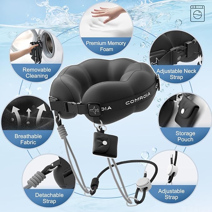 Travel Neck Pillow for Airplane Sleeping – 360° Head Support Prevents Bobbing, 100% Memory Foam Ergonomic Neck Cushion with No-Case-Needed Carry Strap for Long Flights & Car – Washable Cover (Black)