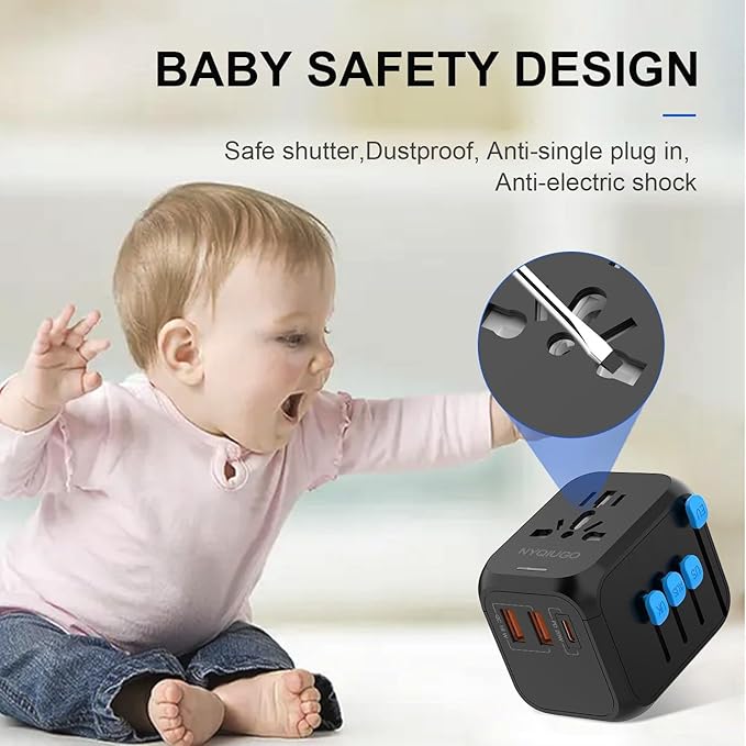 NYQIUGO Universal International Power Travel Plug Adapter with 3 USB Ports (1 USB C), Worldwide Plug Adaptor Wall Charger for USA to Europe UK France Germany Spain Ireland Australia (Type C/G/A/I)