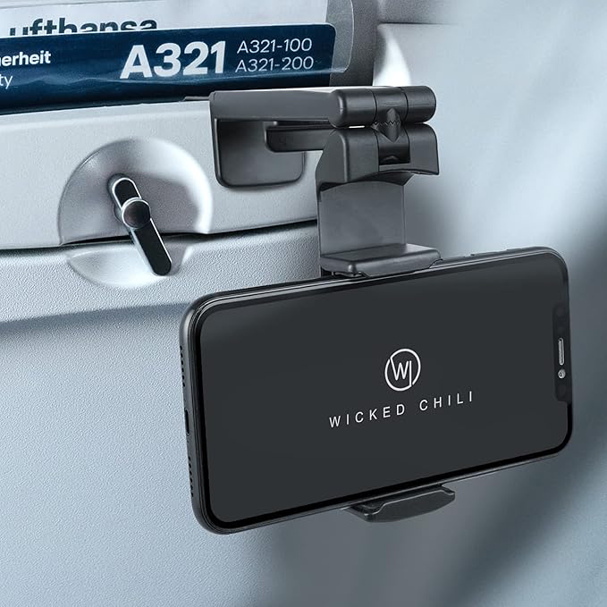 Wicked Chili 2X Airplane in Flight Phone Holder | Travel Essential Gadget for Plane | Universal Foldable Pocket Size Smartphone Mount | 360° Rotation | Train Work Monitor Kitchen & Video (Patented)