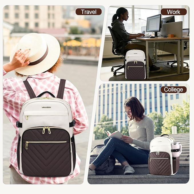 VANKEAN Laptop Backpack for Women with Pouch Pocket for Large Capacity Tumbler, 15.6 Inch Laptop Computer Bag Travel Backpack Purse,Waterproof Work Business College Teacher Bags, Beige-Coffee