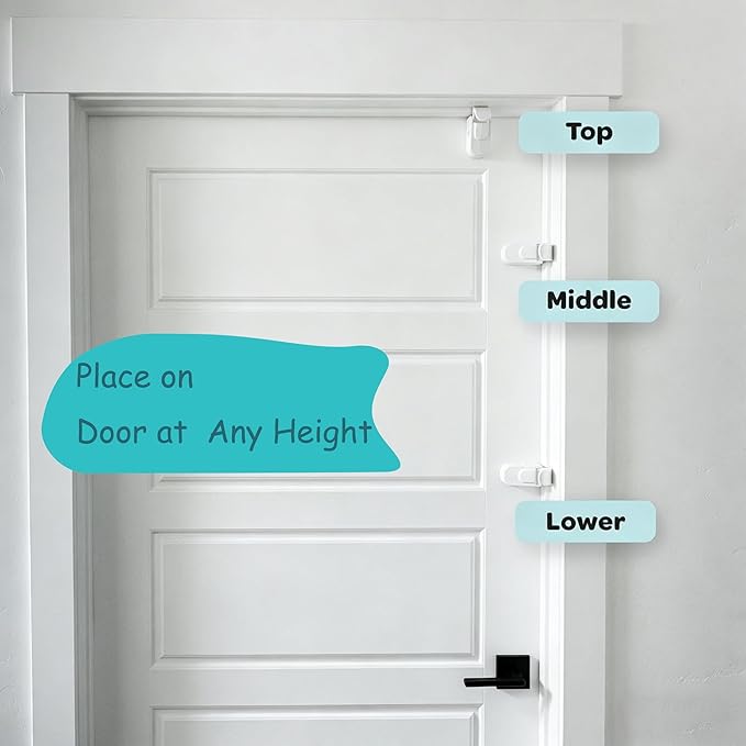 Child Proof Door Lock (2 Pack) – No Tools or Adhesives Required, Installs High Out of Reach of Toddlers & Pets, Dual-Side Release for Adults, Perfect for Home, Apartment, Travel