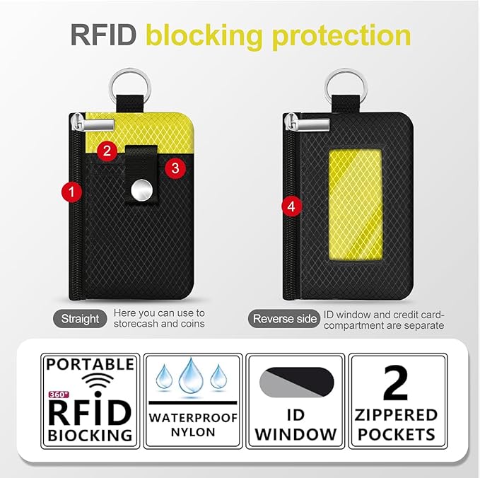 Minimalist RFID Blocking Small Wallet with ID Window,WaterResistant Zip Id Case Wallet with Lanyard Keychain for Cards,Cash,Travel,Women,Men (Black/Lemon Yellow)