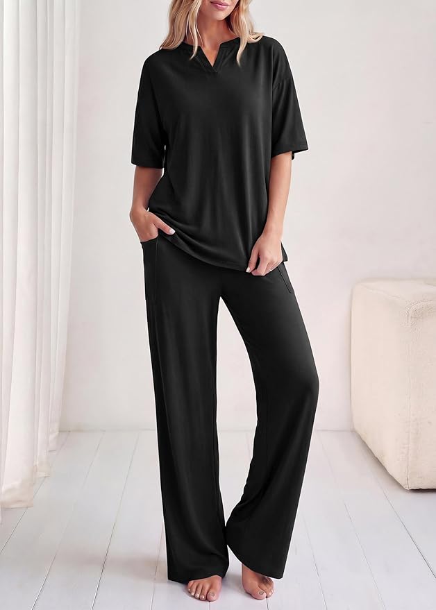 KIRUNDO Womens 2 Piece Matching Lounge Set Airport Travel Vacation Summer Outfits Oversized Short Sleeve Tops Wide Leg Pants