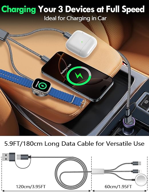 Travel Essentials for Apple Watch Charger,iPhone Charger,3 in 2 Multi Charging Cable,Type C/Magnetic Fast Charging Cable [Portable] for iWatch Series Ultra/11/10/9/SE,iPhone 17-11-6FT Black