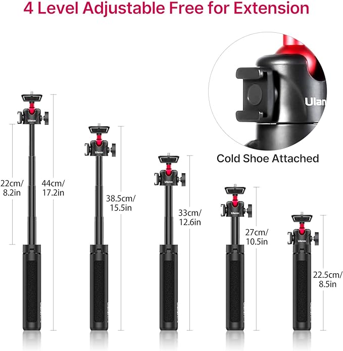 ULANZI MT-16 Extendable Mini Camera Tripod, 4 Levels Adjustment 360° Ball Head Cold Shoe Lightweight Portable Vlog Travel Selfie Stick Handle Grip Desktop Webcam Tripod for DSLR Action Camera