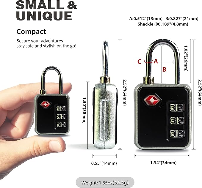TSA Locks for Luggage, Combination Lock for Locker, Small Padlock Combination, Combo Luggage Padlocks TSA Approved, for Gym Locker, Travel Suitcase, Gun Case, Backpack Zipper, Ammo Can