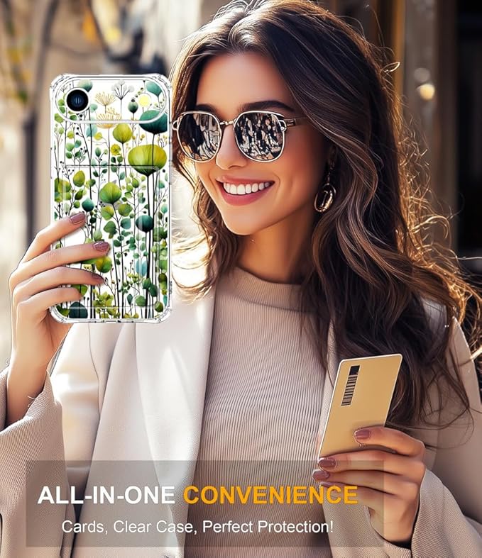 Compatible with iPhone 17 Air Case Card Holder for Women Cute Design,Wallet Phone Cases Transparent Cool Kawaii Protective (Clear Green Flower Leaves Buds)