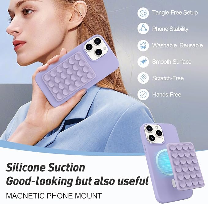 Magnetic Suction Phone Mount for MagSafe Case,Silicone Sticky Phone Grip Holder for iPhone,Removable Hands-Free Selfie/Video for TikTok & Instagram Influencer/Creator (Lavender)