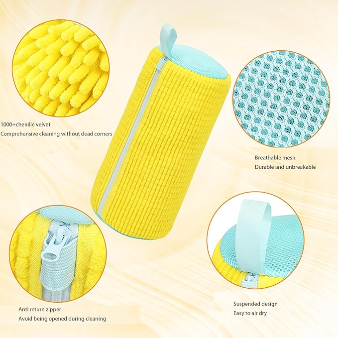 Shoe Washing Machine Bag 2 Pack with YKK Anti-Back Zipper, 360° Deep Clean Chenille Microfiber Shoe Laundry Bags for Washer & Dryer, Reusable Sneaker Washing Bag, Yellow
