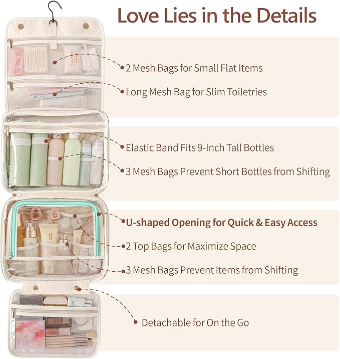 PACKISM Hanging Travel Bag for Traveling with Clear Makeup Bag - Soft Leather Waterproof Travel Toiletry Bag for Full-Sized Toiletries and TSA Approved Toiletry Bag, Off White (L)