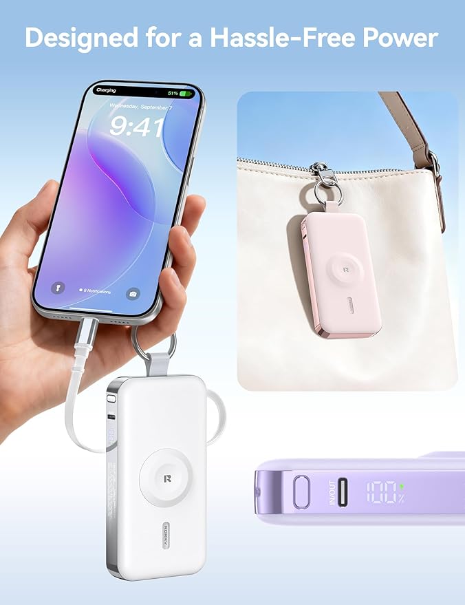 RORRY Portable Charger, 12000mAh 30W Fast Charging Power Bank with Built-in Retractable USB C Cable, Battery Pack with Keychain, Travel Essentials for iPhone, Apple Watch, iPad, Purple