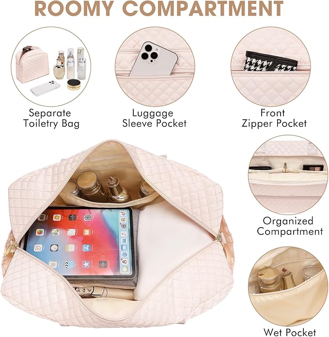 Weekender Overnight Bag Women: Large Travel Duffle Bag with Shoe Compartment & Wet Pocket Carry On Tote Bag Gym Duffel Bag with Toiletry Bag Bag for Hospital Beige