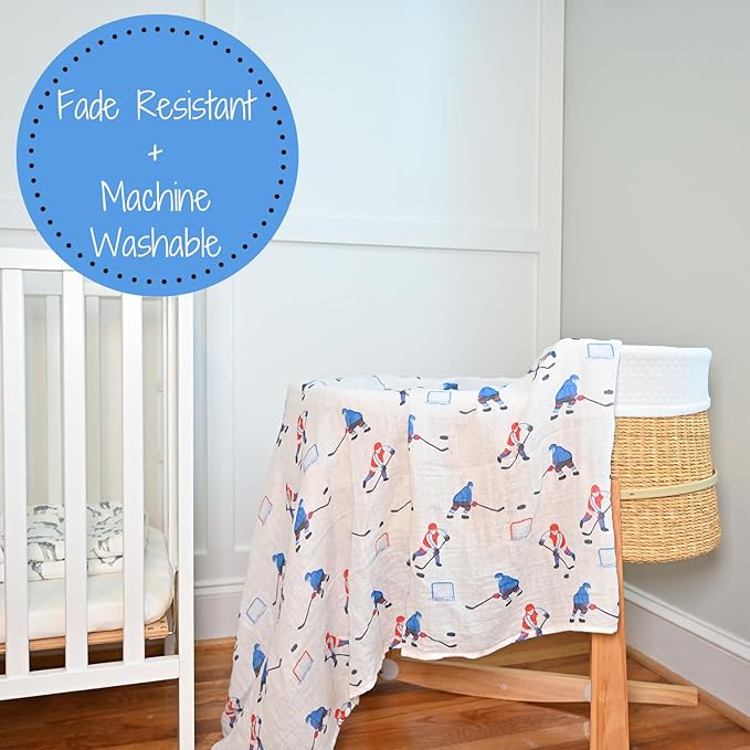 LollyBanks Swaddle Blanket 100% Muslin Cotton, 47 x 47 inches Soft Breathable Muslin Baby Swaddles for Boys, Baby Essentials, Registry and Gift (Ice Hockey Print), Pass, Shoot, Score