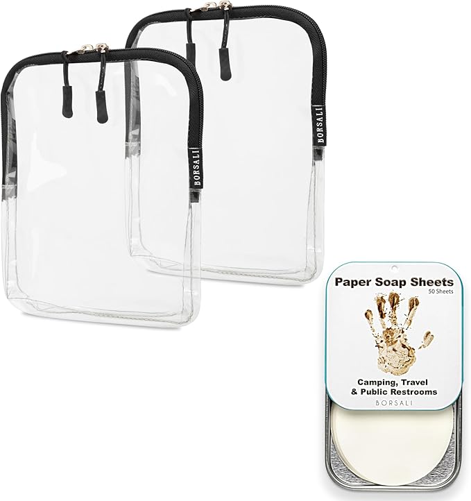 BORSALI Two TSA Approved Toiletry & Cosmetic Bags & Paper Soap (Case with 50 Sheets)