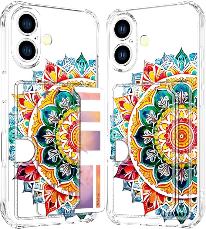 Compatible with iPhone 17 Case Card Holder for Women Cute Design,Wallet Phone Cases Transparent Cool Kawaii Protective (Clear Mandala Henna Flower)