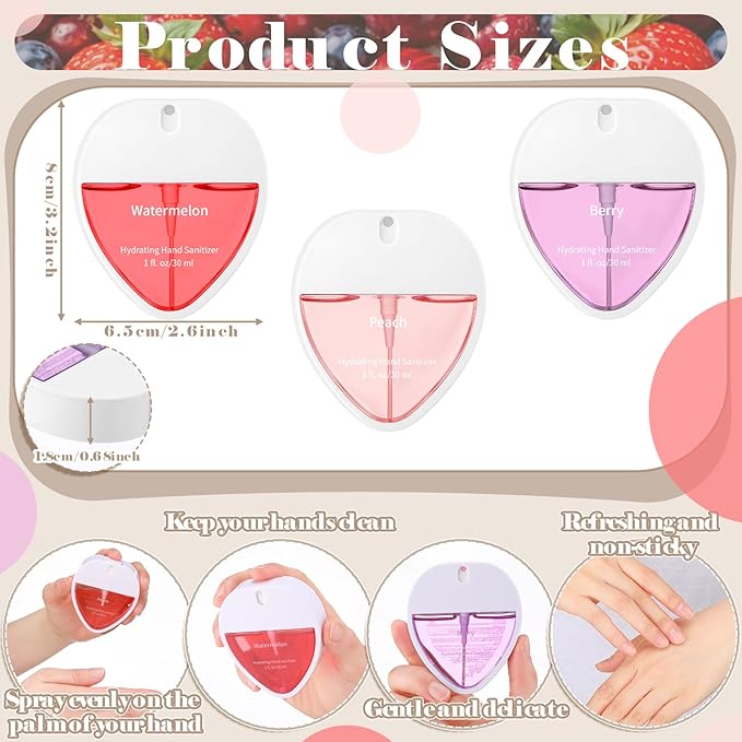 3 Pcs Power Mist Hydrating Hand Sanitizer Spray Bulk Travel Size Hand Sanitizer Pocket 1 Fl. oz Heart Shaped Spray Bottle for Daily Use Nurse Coworker Office Valentine's Day Teacher Gifts