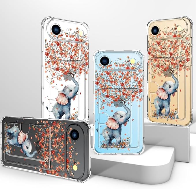 Compatible with iPhone 17 Air Case Card Holder for Women Cute Design,Wallet Phone Cases Transparent Cool Kawaii Protective (Clear Elephant Creating Flowers)
