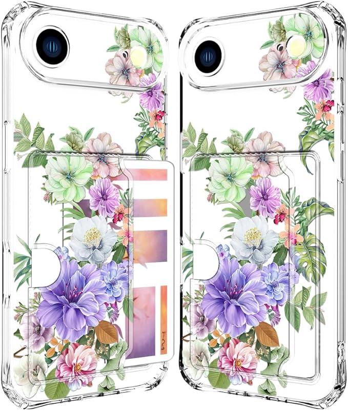 Compatible with iPhone 17 Air Case Card Holder for Women Cute Design,Wallet Phone Cases Transparent Cool Kawaii Protective (Clear Impressive Flowers)
