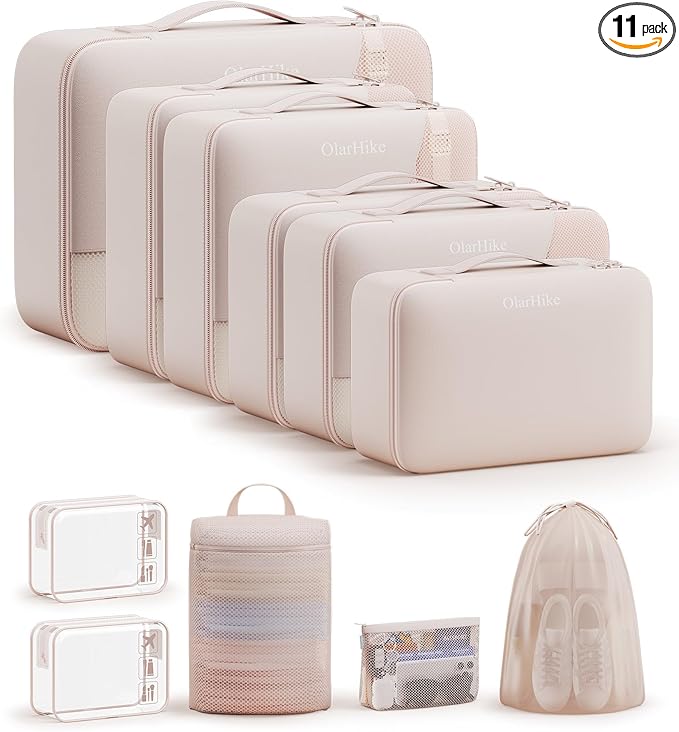 11 Set / 9 Set Packing Cubes for Travel,Gifts for Women Mom Kids,TSA Approved Bags for Makeup, Cosmetic, Toiletry, Organizers for Suitcase Carry On, Cruise Essentials Airplane Accessories, Beige