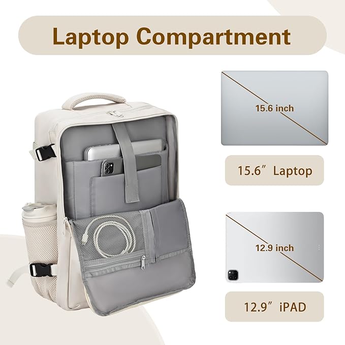 Carry On Backpack for Women & Men – Airline Approved Underseat Size, 15.6" Laptop Compartment, TSA-Friendly 180° Opening, Anti-Theft Business Travel Backpack with Trolley Sleeve(Ivory, Medium)