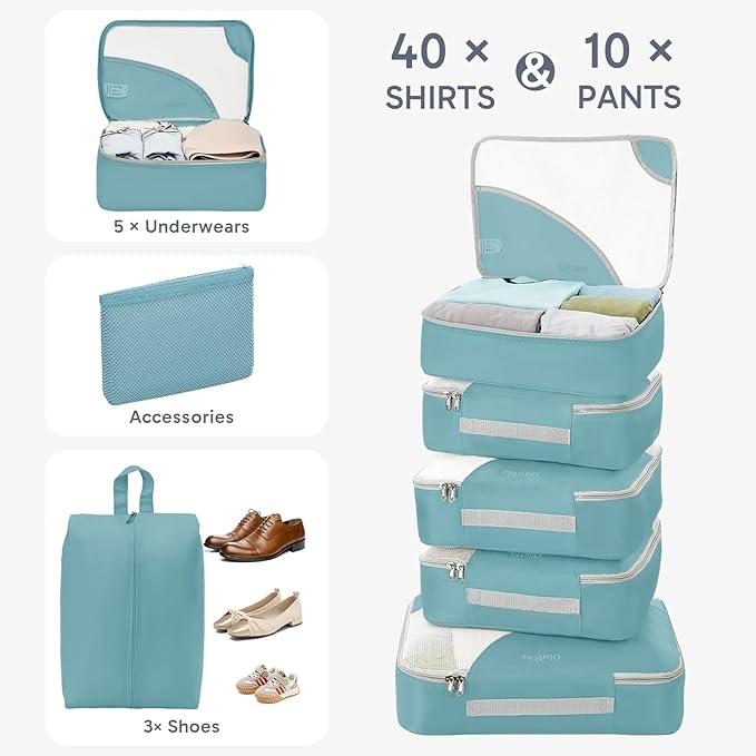 OlarHike ALL INCLUDED 10 Set Durable Packing Cubes for Travel,Gifts for Women Mom Men,Luggage & Suitcase Organizers with Toiletry Bag,Vacation Essentials for Cruise & Plane,Beach Accessories,Blue Gray