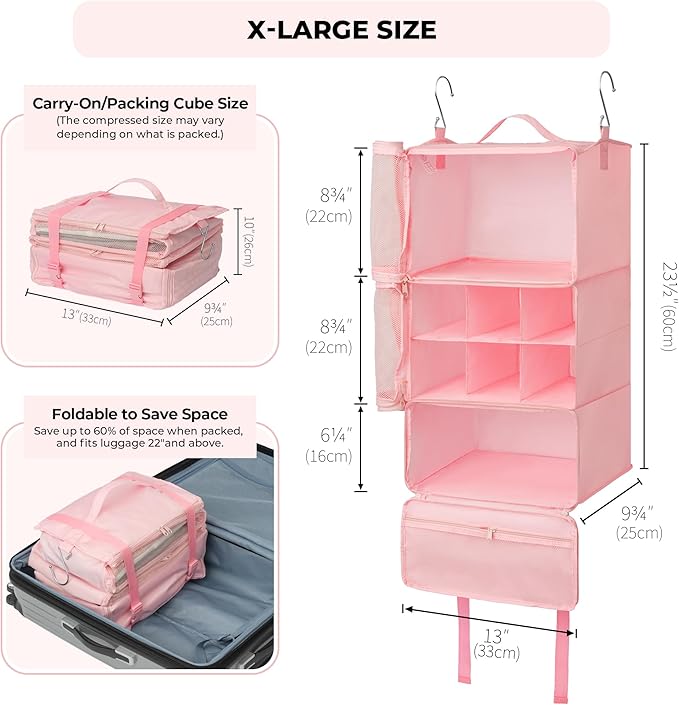 GRANNY SAYS Hanging Packing Cubes for Travel, Large Portable Hanging Suitcase Organizer, Foldable Compression Luggage Organizer Bags for Clothes, Carry on Closet Suitcase, XL-Pink Travel Shelves