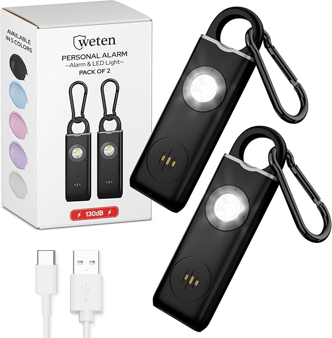 Personal Safety Alarm for Women – 130dB Loud Panic Siren Keychain - Rape Whistle Alternative – LED Light, Carabiner Clip, Low Battery Alert, USB-C Charging Self Defense Alarm by Weten (2 Pack Black)