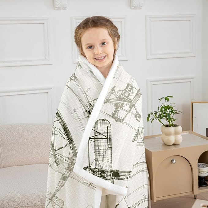 Aircraft Kids Throw Blanket,American Airplane Retro Bed Blanket for Girls Boys Adults,Air Vehicles Airplane Fleece Blanket,Beige Black Vintage Fuzzy Blanket,Throw Size (50 x 60 Inches)