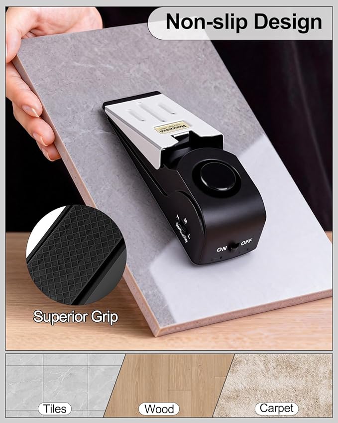 4 Pack Door Stop Alarm, Door Stopper with 120DB Security Alarm, Floor Wedge Door Stop Siren, Door Security Devices for Traveling, Apartment, Hotel and Home, Black