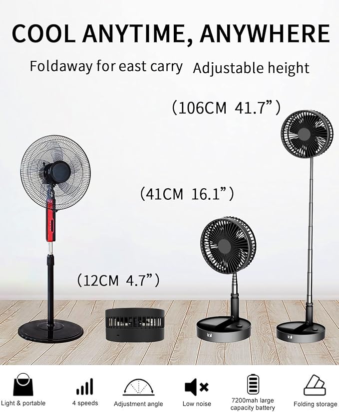 UN UNITEDTIME Portable Fan Foldable Rechargeable [Remote Control ] Battery Operated Foldaway Standing Pedestal Collapsible Fan, 4 Speed, Timer for Camping Travel, Bedroom (Black)