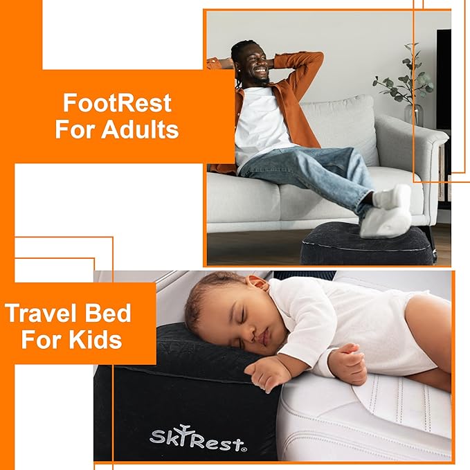 Inflatable Travel Foot Rest Pillow - Adjustable Leg Rest for Airplane, Car, Train, Home & Office, Comfortable Seat Extender for Kids - Black