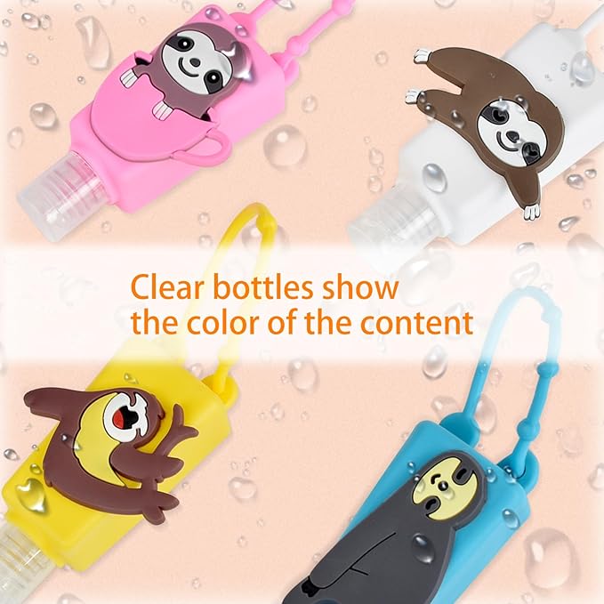 Refillable Travel Bottles Containers, 4 Pack Hand Sanitizer Travel Size Holder with Empty Silicone Bottles Case Keychain Carrier, Leak Proof Portable Bottle for Liquid Soap, Lotion (Sloth)