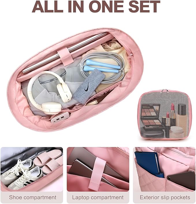 Large 2PCS Nylon Duffle Bag for Travel Weekender Overnight Hospital Gym Bag for Men & Women, Carry On Airline Approved Personal Item Duffel Garment Bag Luggage with Shoe Compartment & Packing Cube