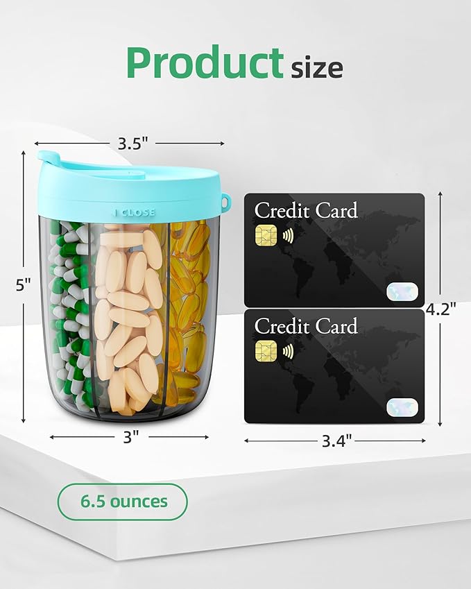 PULIV Large Supplement Organizer Bottle, Holds Plenty of 6 Various Vitamins in 1 Pill Dispenser with Anti-Mixing & Wide Openings Design, Easy to Retrieve Meds, Includes 20 Pcs Stick-on Labels Cyan