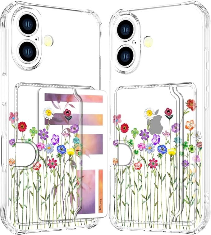 Compatible with iPhone 17 Case Card Holder for Women Cute Design,Wallet Phone Cases Transparent Cool Kawaii Protective (Clear Flower Floral Bouquet)