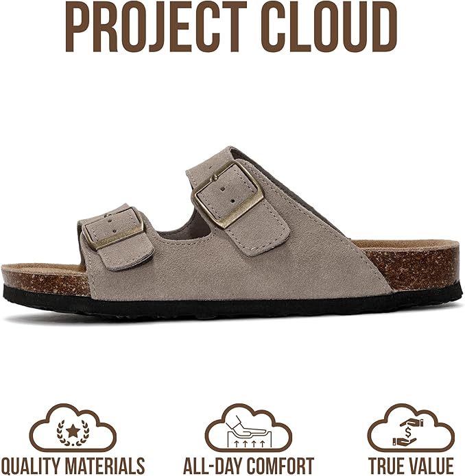 Project Cloud 100% Genuine Leather Flat Sandals For Women 2026 Cork Footbed Womens Sandals with Memory Foam and arch support Vacation Essentials Slides for Women Footwear (Venita)