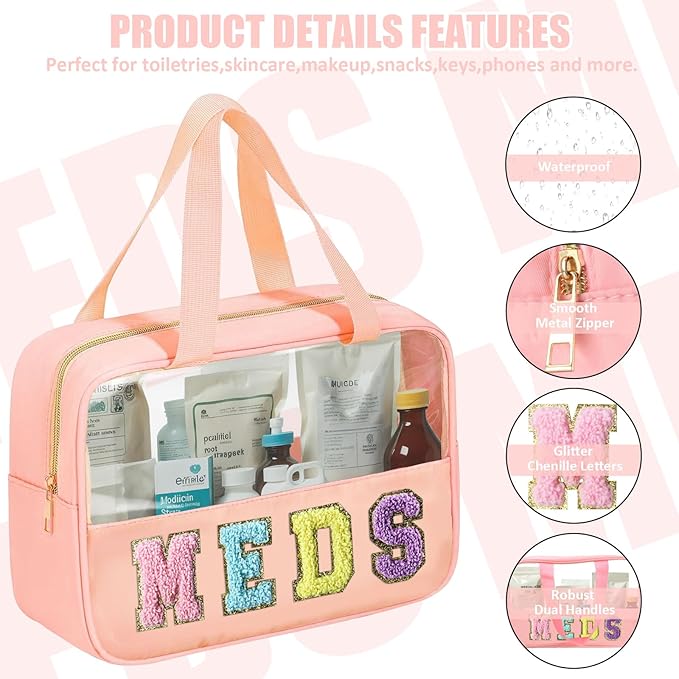 BuyCard Chenille Letter Patch Clear Travel Bags, Preppy PVC&Nylon Makeup Bag with Handle and Zipper, Waterproof Large Clear Travel Toiletry Bag Storage Bag for Women Girls