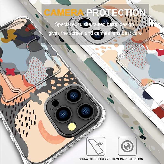 Compatible with iPhone 16 Pro Case Card Holder for Women Cute Design,Wallet Phone Cases Transparent Cool Kawaii Protective (Clear Abstract Art)