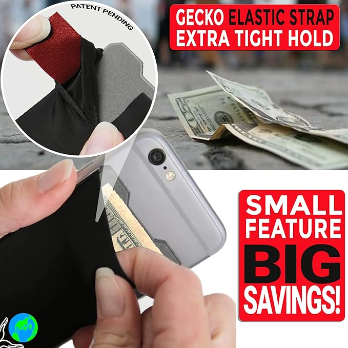 Phone Wallet - Adhesive Card Holder - Cell Phone Pouch - Stick on Lycra Pocket by Gecko - Carry Credit Cards and Cash