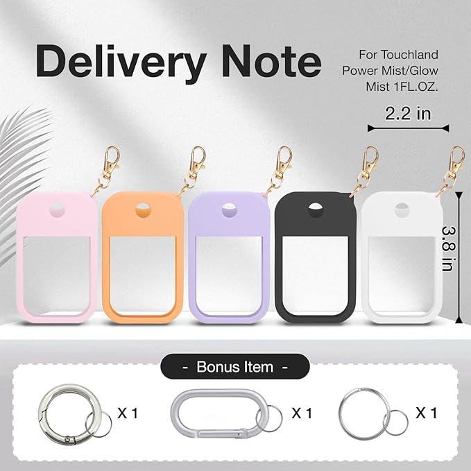 5 PCS Soft Silicone Case for Touchland Power Mist (1FL. OZ./30 mL), Protective and Stylish Case with Keychain Compatible with Touchland Hand Sanitizer Spray (Black/White/Purple/Pink/Orange)