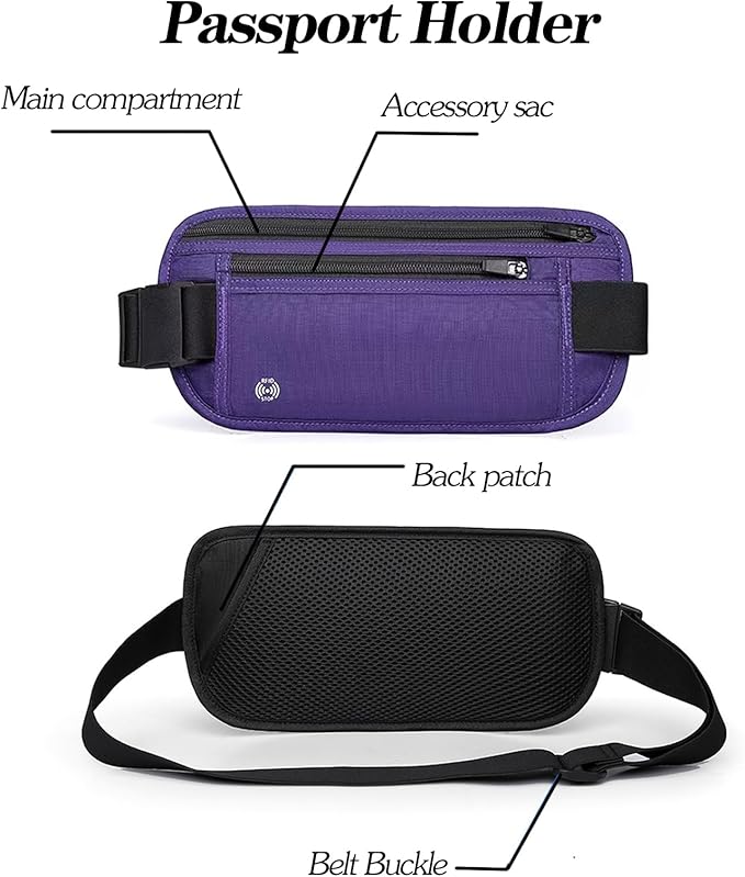 Purple Hidden Money Belt for Travel for Men, Waist Wallet Anti Theft, RFID Passport Holder For Travel Men Or Women, Money Pouch, RFID Passport Holder