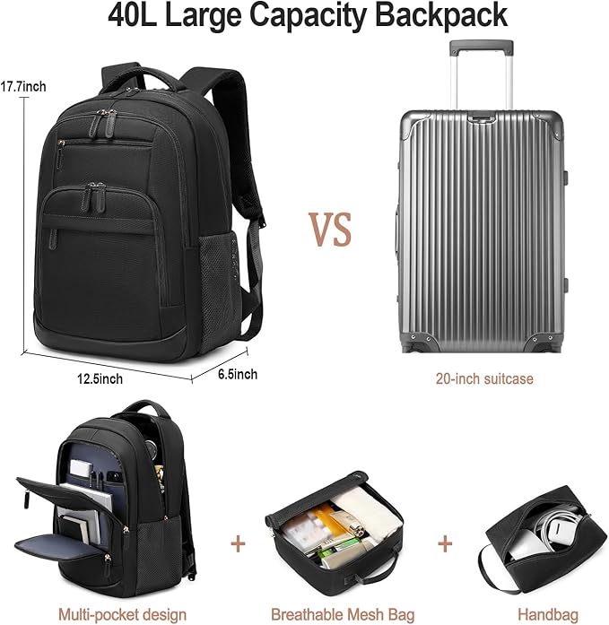 BOVIP Travel Backpack For Men Women,40L Carry On Backpack Flight Approved,TSA Personal Item Travel Bag Fits 17 Inch Laptop,Business Weekender Overnight Daypack Black