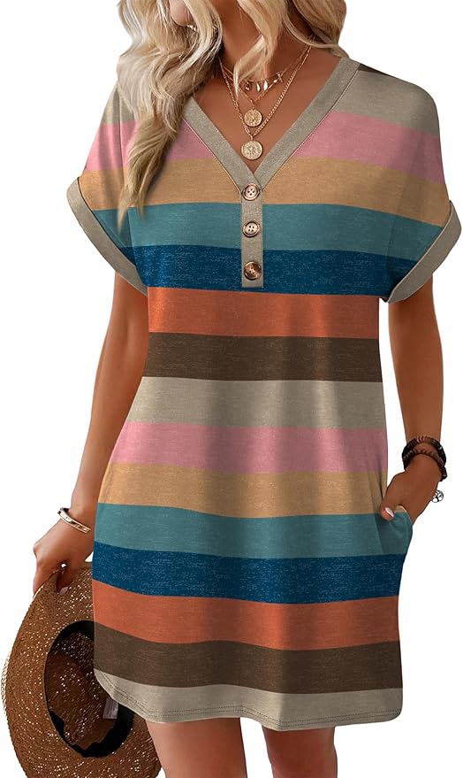WIHOLL Summer Dresses for Women with Sleeves Midi Dress Button Down Beach Vacation Casual Dresses Fashion Clothing