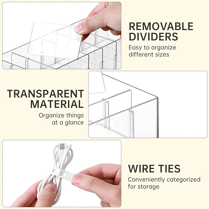 FRETONBA 2Pcs Cable Charger Organizer Box, Large Cords Storage Organizer with Adjustable Compartments and Wire Ties, Stackable Cord Organizer for Drawer - Clear