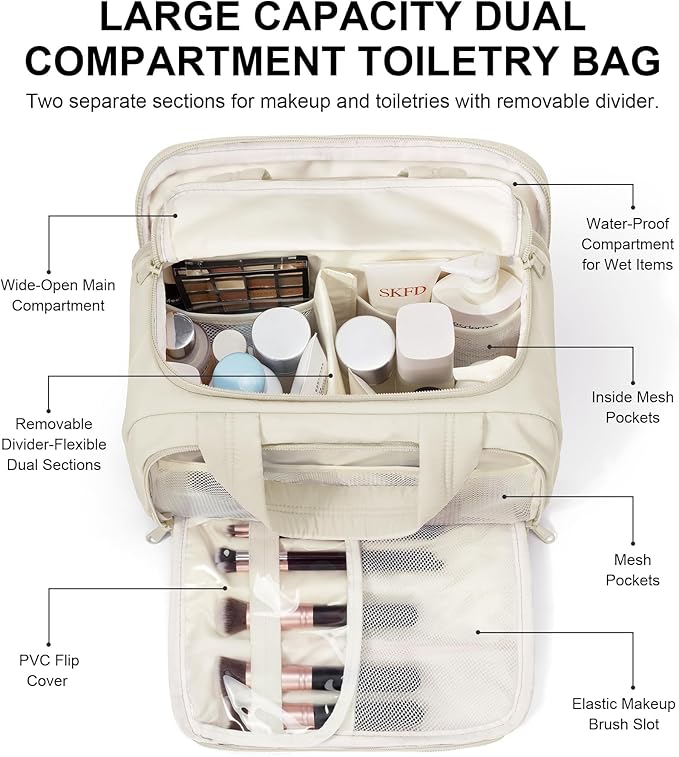 Bagstellar Travel Toiletry Bag for Women, Lightweight Large Quilted Puffy Makeup Bag Wide-open Make up Organizer Cloud Cosmetic Bag w/Handle for Traveling Toiletries, Essentials, Accessories, Beige