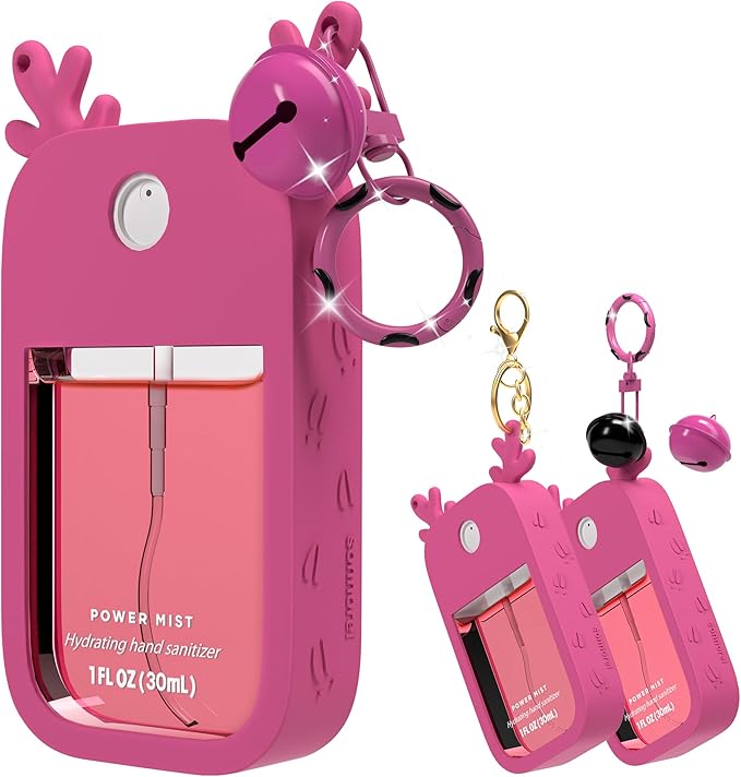 Sonnorel 1 Pack Elk Silicone Case Compatible with Touchland Hand Sanitizer Spray (Fit for 1 FL OZ/30 mL Ver), Portable keychain, Small Bell, Cute Deer Antlers (Rose Pink)