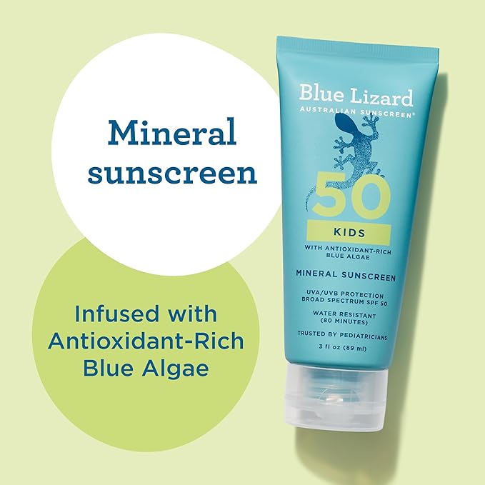 Blue Lizard Kids Mineral SPF 50 Sunscreen Lotion, 100% Mineral, Children’s Sunscreen, Water-Resistant Formula, Paraben-Free, Fragrance-Free, 3 fl oz