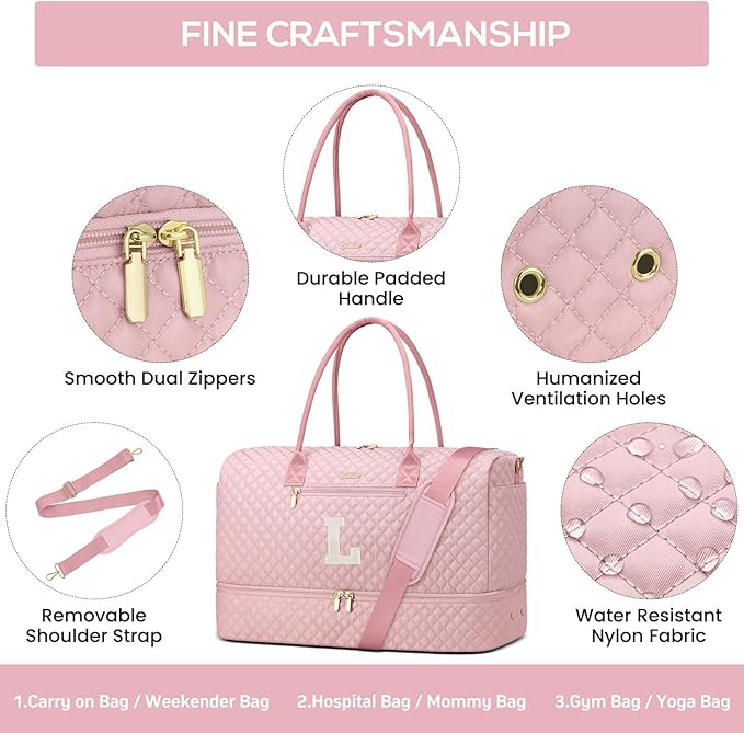 Letter Weekender Bags for Womens - Duffle Bag with Shoe Compartment Personalized Overnight Bag with Toiletry Bag Duffel Bags for Gym Hospital Bags Gift for Women Pink (Letter L)