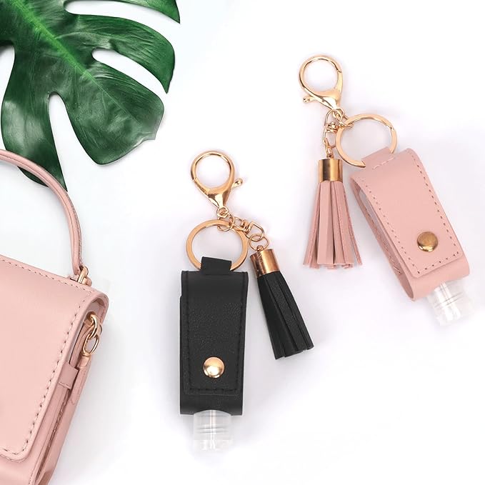 Unaone 1oz/30ml Hand Sanitizer Holder Travel Size, Empty Bottles Leather Sanitizer Holder with Keychain Portable Small Squeeze Bottle Refillable Container for Toiletry Lotion Liquid Soap Shampoo Black